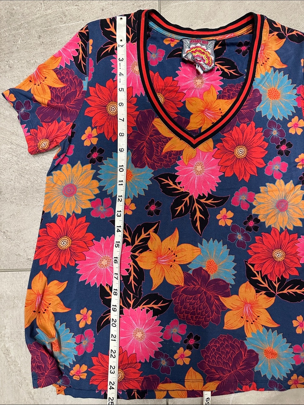 Johnny Was Navy Floral V-Neck Short Sleeve Top with Bright Blooms - Picture 5 of 5